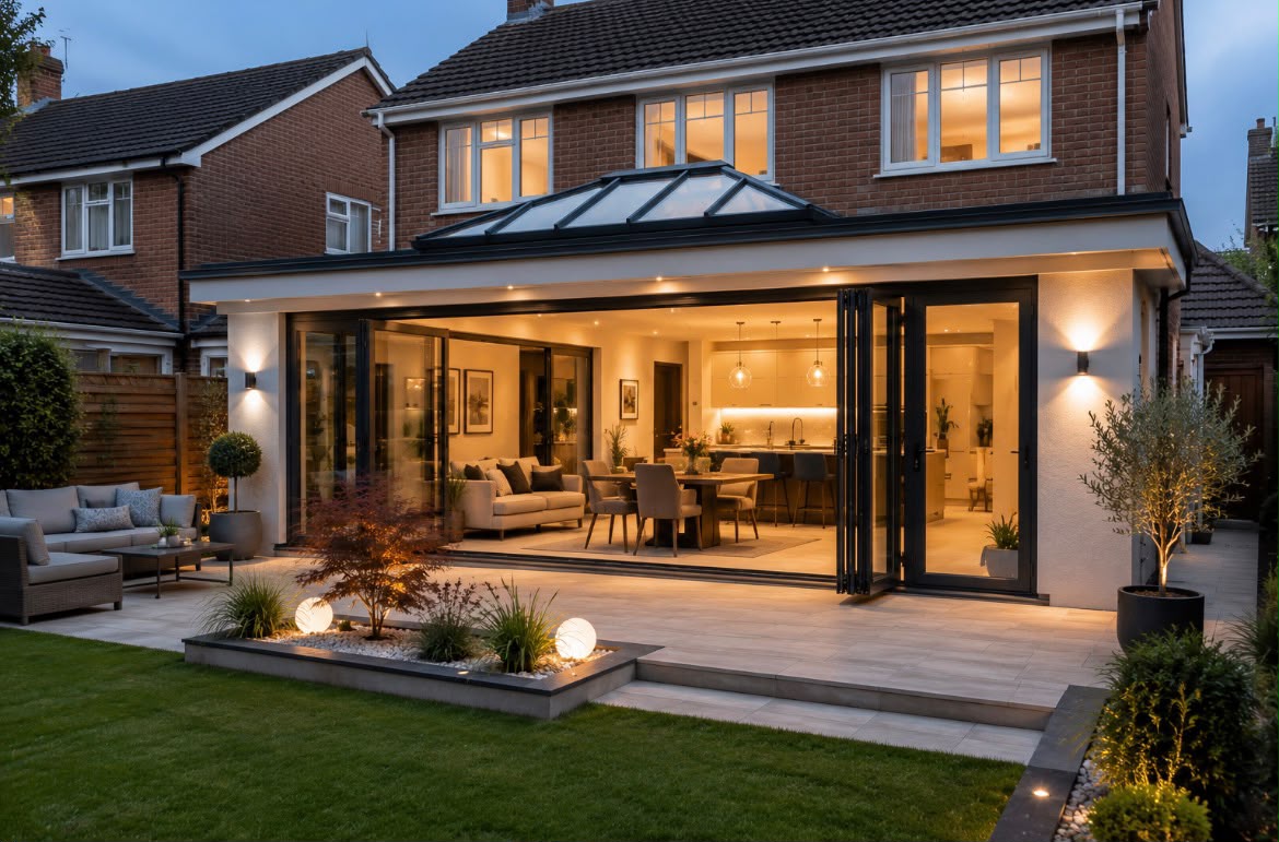 A completed open-plan home extension at dusk